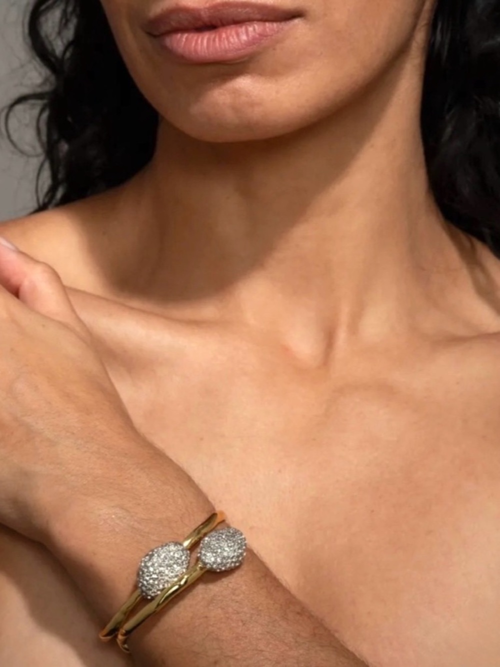 NEW Alexis Bittar Solanales Crystal Pebble Skinny Cuff Bracelet Gold C Z AU14
